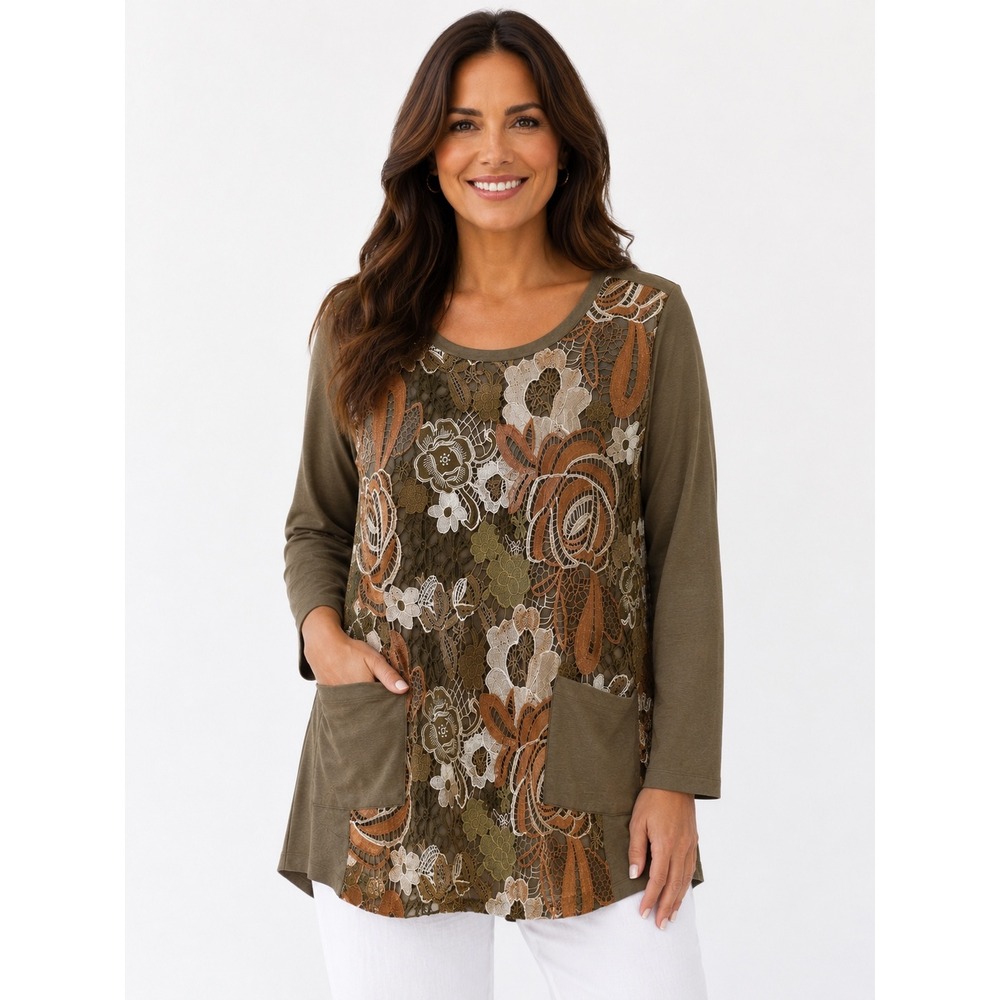 LOGO Lounge Lori Goldstein Olive Green Floral Lace Tunic Top Pockets 1X Plus